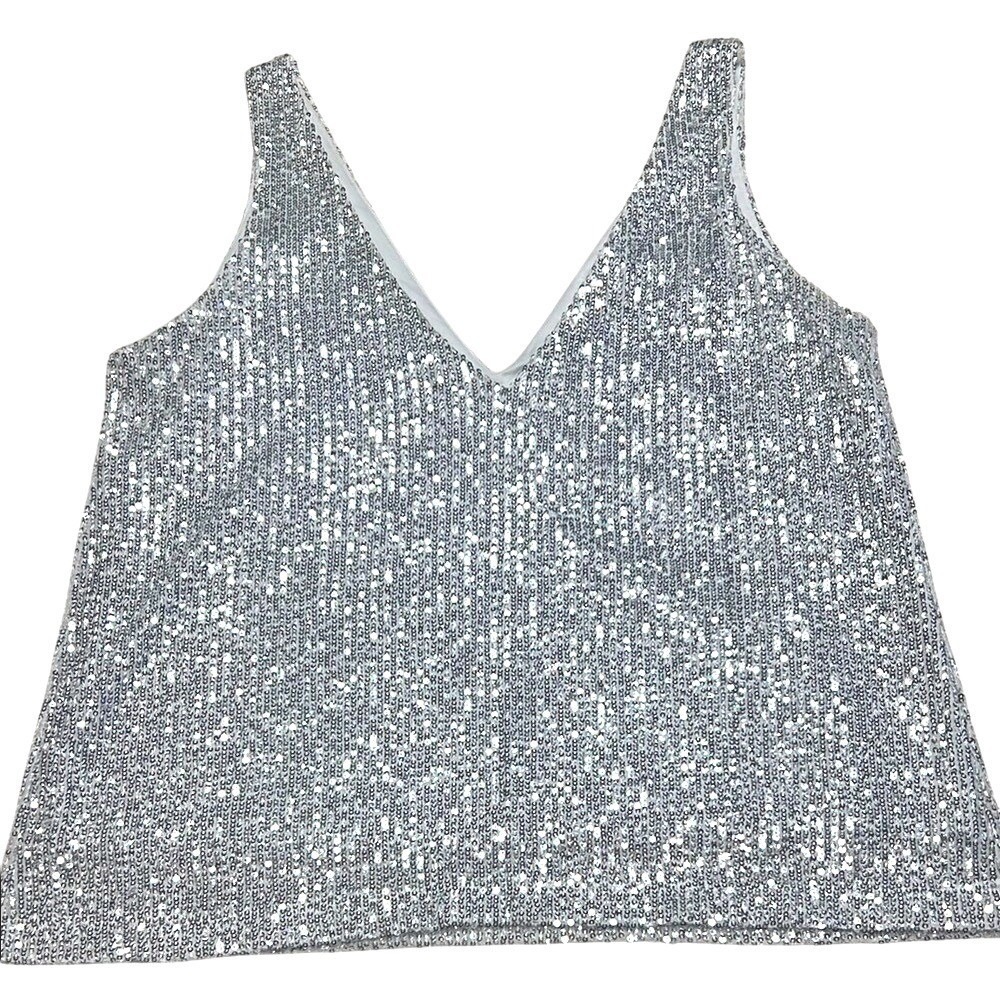 Shinestar Womens Silver Sequin V-Neck Tank Top Sleeveless Shimmer Party Cami M